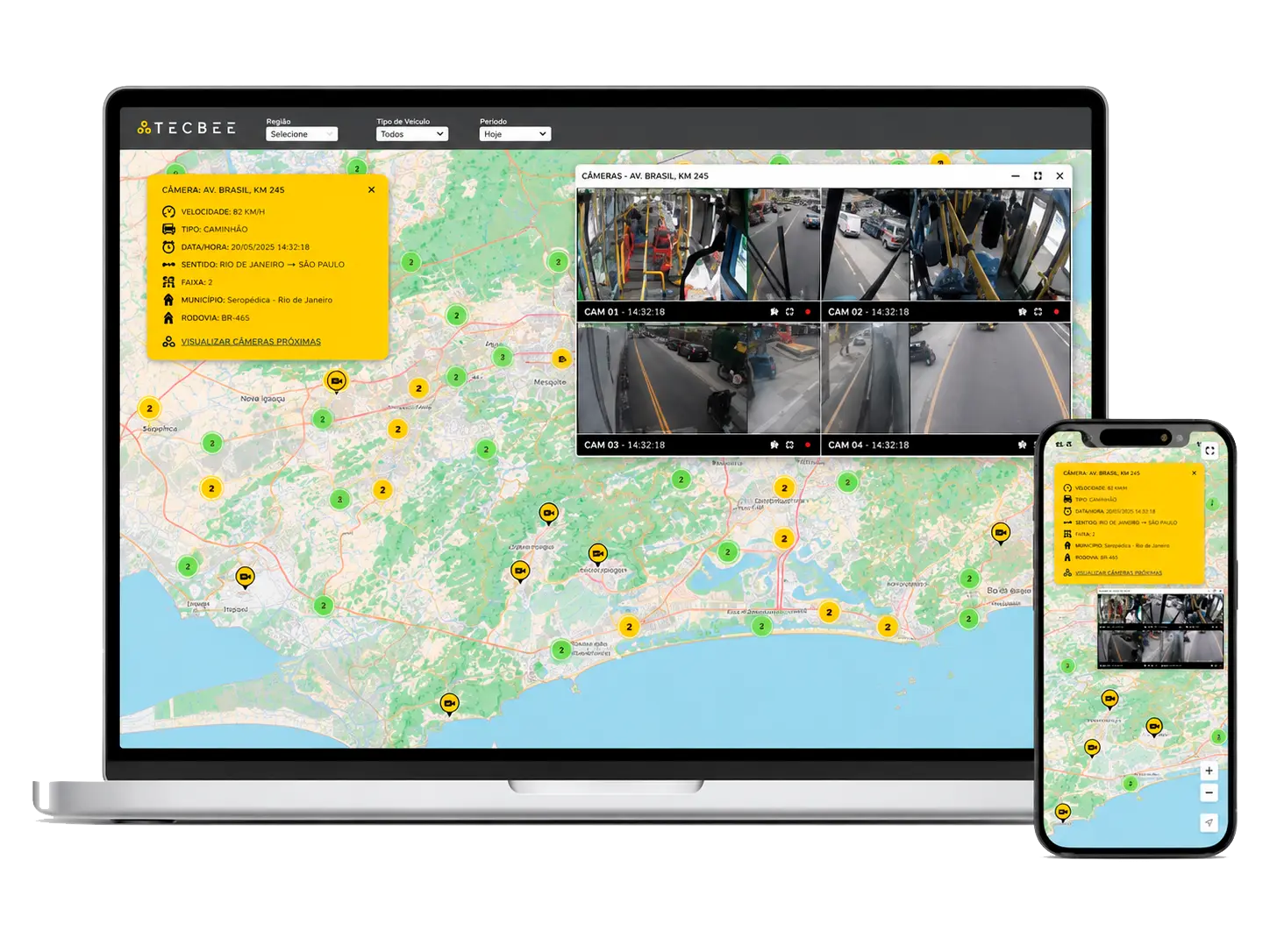 Central de monitoramento da Tecbee com telas da plataforma