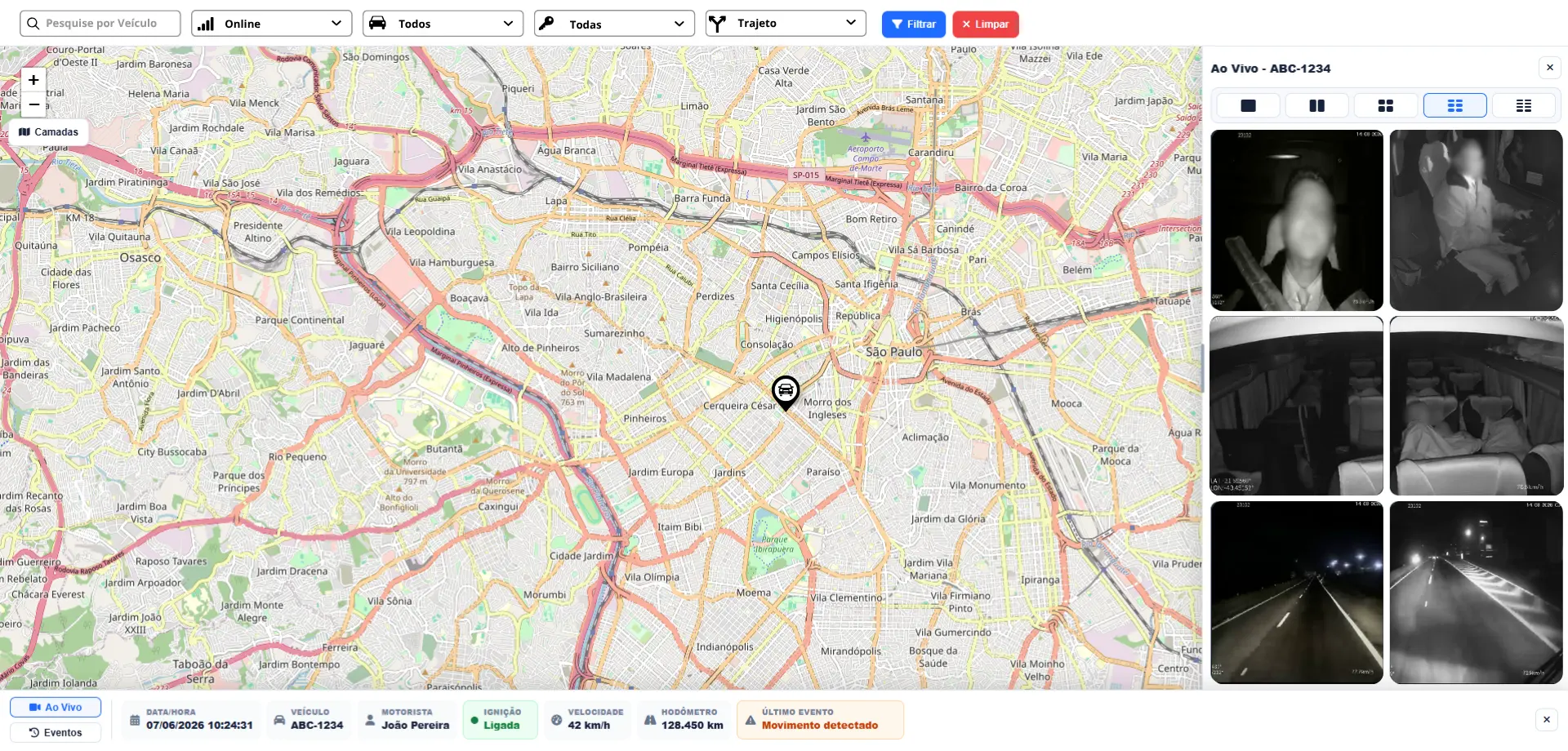 Tela real do Tecbee Tracker com mapa e monitoramento da frota